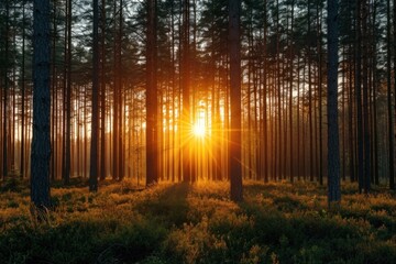 Obraz premium Morning sunrise through pinewood trees landscape sunlight outdoors.