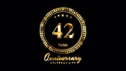 42nd Anniversary Celebration. Happy 42 Years Anniversary Animation in Gold Color on the Transparent Background, Alpha Channel. Great for greetings, celebrations, events, and gifts.