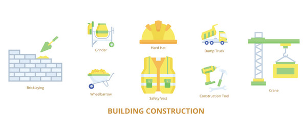 Building Construction Flat Banner Web Icon Set Vector Illustration, Hard Hat Safety Vest Construction Tool Grinder Crane Dump Truck Wheelbarrow Bricklaying