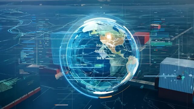 A high-tech digital display visualizes global shipping data on a rotating globe amidst containers in a bustling shipping yard at sunset