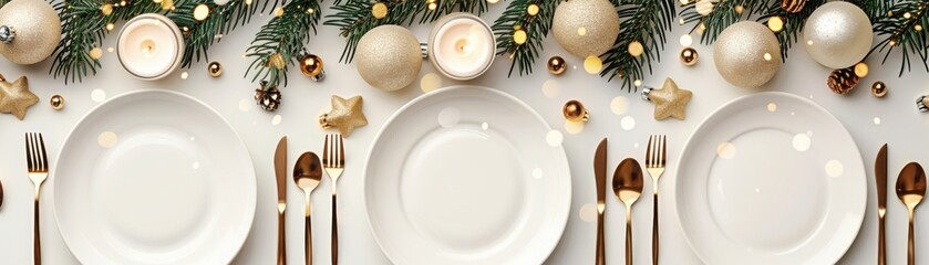 Elegant holiday table setting with white plates, golden cutlery, and festive decorations for a joyful celebration.