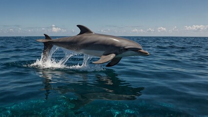 Naklejka premium A dolphin leaping in the blue ocean, surrounded by sparkling water and schools of fish.
