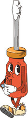 Retro groovy screwdriver tool character. Isolated cartoon vector repair and working equipment, screwdriver personage with a relaxed expression, wearing sneakers, exuding a helpful and easygoing vibe