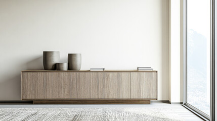 Elegant sideboard next to a large window in an apartment room. Interior design composition with copyspace.