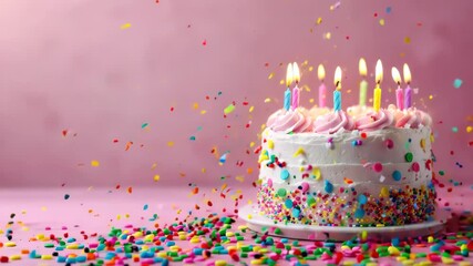 A festive white birthday cake adorned with pink candles and colorful sprinkles, set against a pastel pink background. Perfect for birthday celebrations, party invitations, or festive content - Powered by Adobe