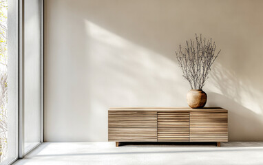 Elegant sideboard next to a large window in an apartment room. Interior design composition with copyspace.