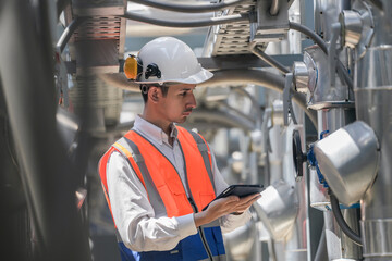 Engineers inspect gas and water pipes for power and cooling in industrial and building systems. workers in safety gear work seriously in oil and gas refining plant with pipes connecting to machinery.