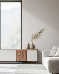 Elegant sideboard next to a large window in an apartment room. Interior design composition with copyspace.