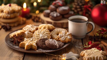 Christmas Cookies and Coffee on Rustic Table