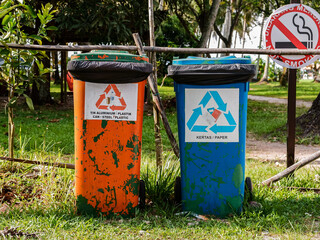 Recycling bins are provided to facilitate the segregation of waste by category.