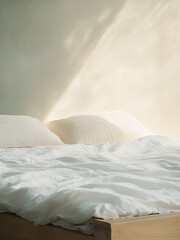 White Bed, Aesthetics Background, Minimalism Soft Pastel Shades, Water, Fabric, Sand, Beige and Soft Blue Shades