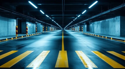 Obraz premium Wide Underground Parking Lot with Yellow Stripes
