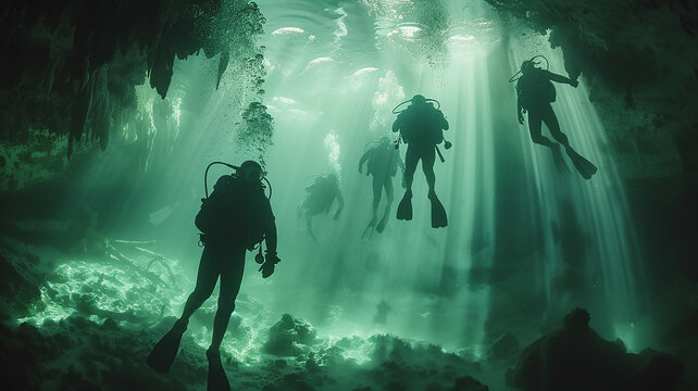 a group of divers, underwater view, diving into the depths of the cave in the rays of light, diving training at sea