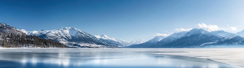Frozen Lake and Snow-Covered Mountains in a Winter Landscape