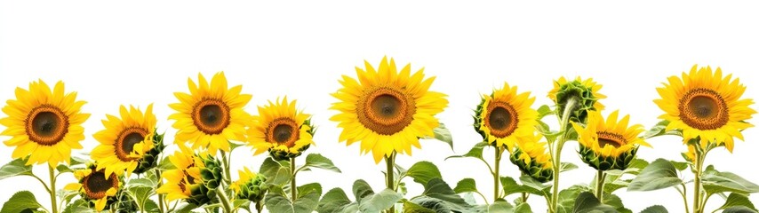 Fototapeta premium A Row of Sunflowers in Bloom Against a White Background