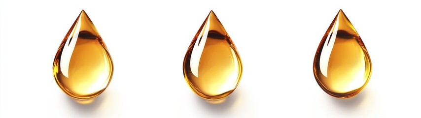 Fototapeta premium Three Golden Oil Drops on White Background