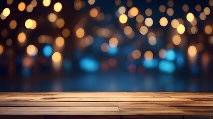 A blank space for presenting a product or object presentation, a wood board table or an empty brown wooden floor with a blurred abstract night light bokeh background, generative
