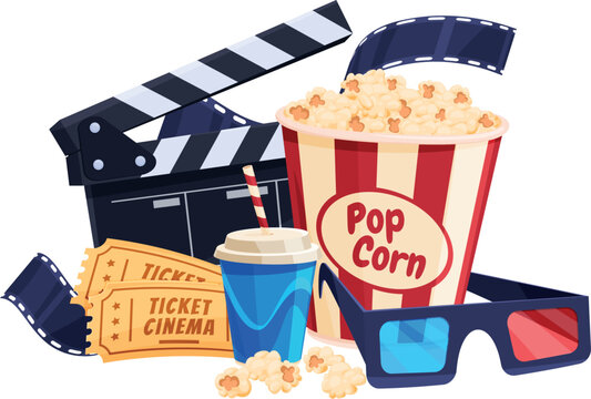 Cinema movie concept advertising poster with popcorn 3d glasses ticket and clapper vector isometric