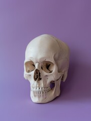 Obraz premium Human skull on purple background. Human remains.