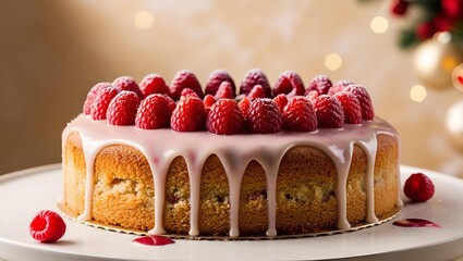 A mouthwatering raspberry bakewell cake with layers of fluffy sponge tangy raspberry jam. Birthday spongecake with raspberries decorated. easter cake. birthday cake