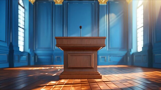 A wooden podium stands in a sunlit room with blue walls and wood floor.