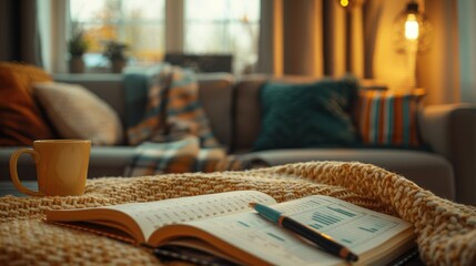 A warm and cozy home workspace featuring an open notebook with graphs, a pen, and a cup of coffee, set on a knitted blanket.