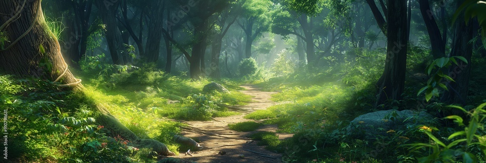 Poster an enchanted forest pathway dappled with beams of sunlight, creating a mystical and serene atmospher