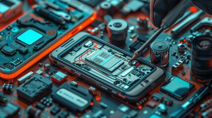 Cartoon Vector of a technician repairing a smartphone screen, with small tools and replacement parts