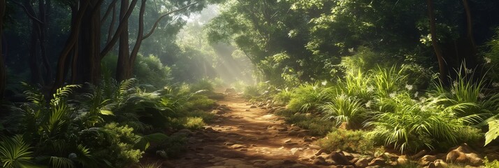 A sunlit forest trail surrounded by dense lush vegetation, casting warm, dappled light on the path and creating a peaceful, inviting ambiance.
