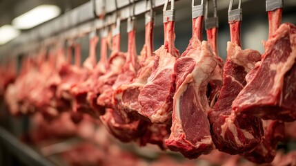 Lot of raw meat hanging and arrange in a row ready for processing process in a meat factory.