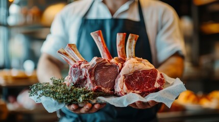 Butcher man holding fresh tomahawk steak meat for serving to customer at shop.