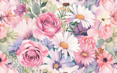 Watercolor summer floral pattern, tender pink rose with wildflowers, tansy flowers, snapdragon, echinacea