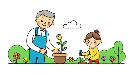 A joyful mentor guides young mentee on planting flowers in a sunny garden