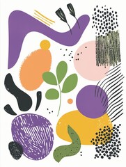 Colorful Art Poster Featuring Geometric Shapes and Plants on a Simple Lavender Canvas