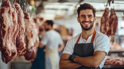 Young butcher working in meat industry factory, raw meat hanging for processing.