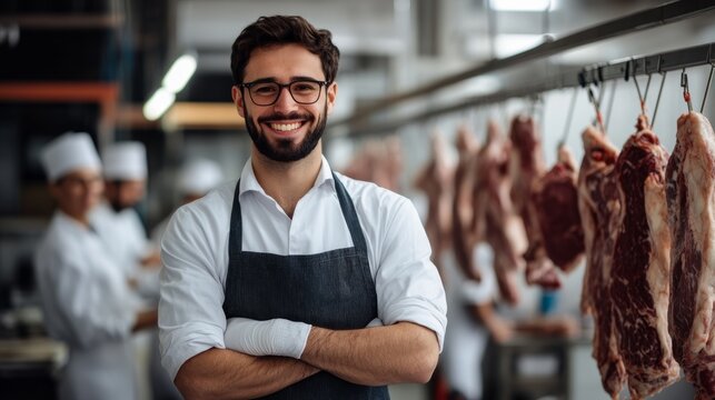 Young butcher working in meat industry factory, raw meat hanging for processing.