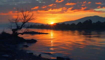 The coastal scenery at sunset, the sky is dyed orange by the sunset, showing a magnificent natural scenery.