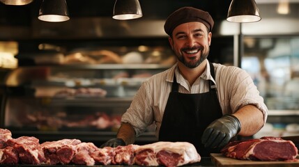 Smiling of butcher man behind counter of meat market of grocery store.