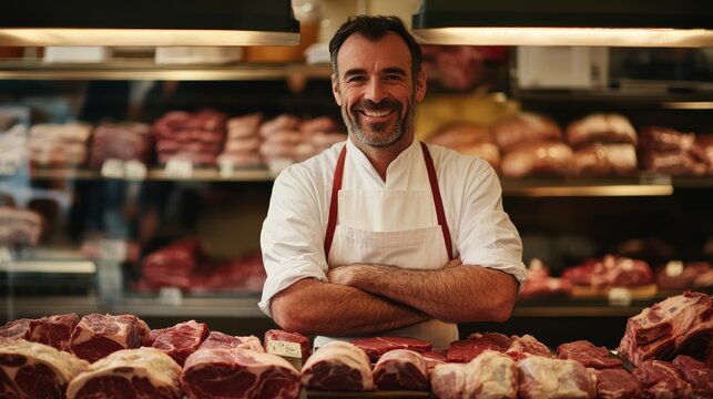 Smiling of butcher man behind counter of meat market of grocery store.