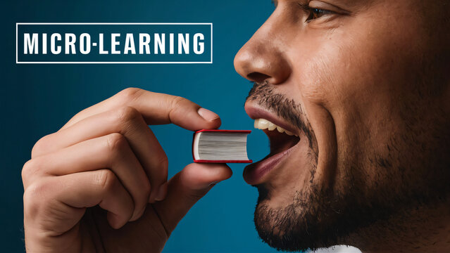 close up man about to eat tiny book, word &ldquo;microlearning&rdquo;, metaphor consuming information in small, manageable, bite-sized chunks