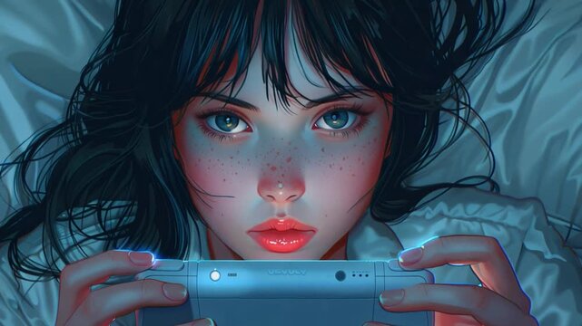 This young woman plays a handheld gaming console in a softly lit environment.