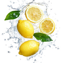 Fresh lemons and lemon slices splashing in water with green leaves.