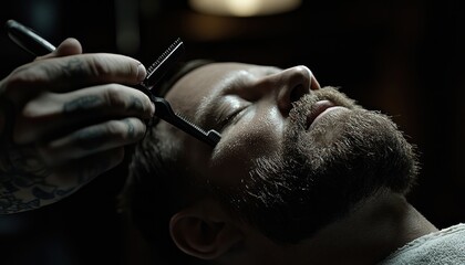 Naklejka premium A barber trims the beard of a customer with a comb and scissors.