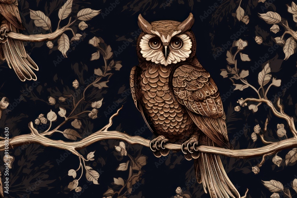 Wall mural stunning owl ion black and brown color animal bird art.