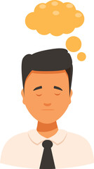 Sad businessman character is having negative thoughts, office worker feeling fatigue and stress at work