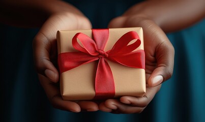 Close-up of a Person's Hands Holding a Wrapped Gift Box with a Red Ribbon