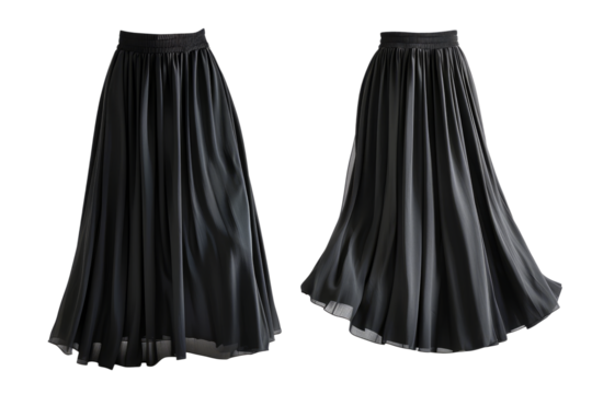 Sophisticated black skirt, autumn collection, front and back views on white