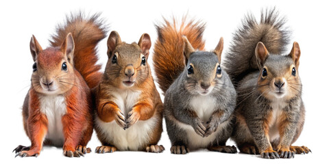A group of squirrels in various colors: red, brown, and grey. Each squirrel is posed sitting with their bushy tails curled, showcasing their playful and alert nature