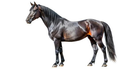 Fototapeta premium A majestic black horse standing against a white background, highlighting its muscular build and shiny coat. Perfect for equestrian and animal-themed content