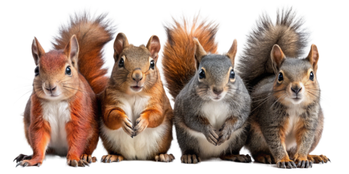 A group of squirrels in various colors: red, brown, and grey. Each squirrel is posed sitting with their bushy tails curled, showcasing their playful and alert nature